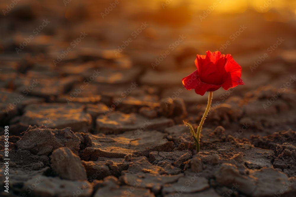 A lone red flower grows out of the parched, cracked soil, symbolizing hope and resilience A lone red flower grows out of the parched, cracked soil, symbolizing hope and resilience