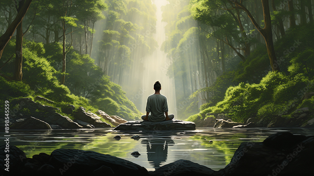 Meditation in Nature Tranquil Forest Pond and Sunbeam Canopy Meditation in Nature Tranquil Forest Pond and Sunbeam Canopy