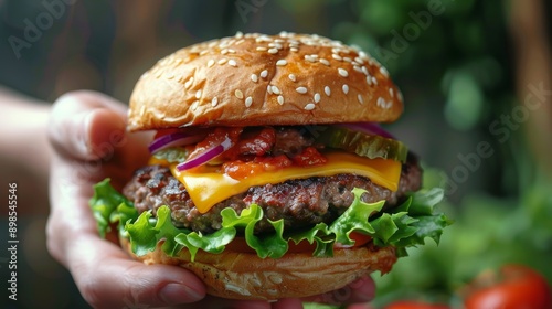 Hand Holding Cheeseburger With Ketchup