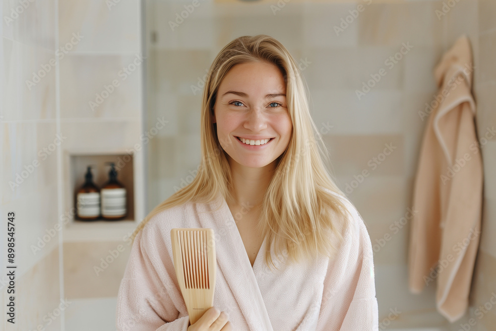 Beautiful happy smiling young blonde woman in the bathroom, holding a comb brush, brushing her hair. Pretty female natural home beauty care, wellness morning routine treatment, lad Beautiful happy smiling young blonde woman in the bathroom, holding a comb brush, brushing her hair. Pretty female natural home beauty care, wellness morning routine treatment, lad