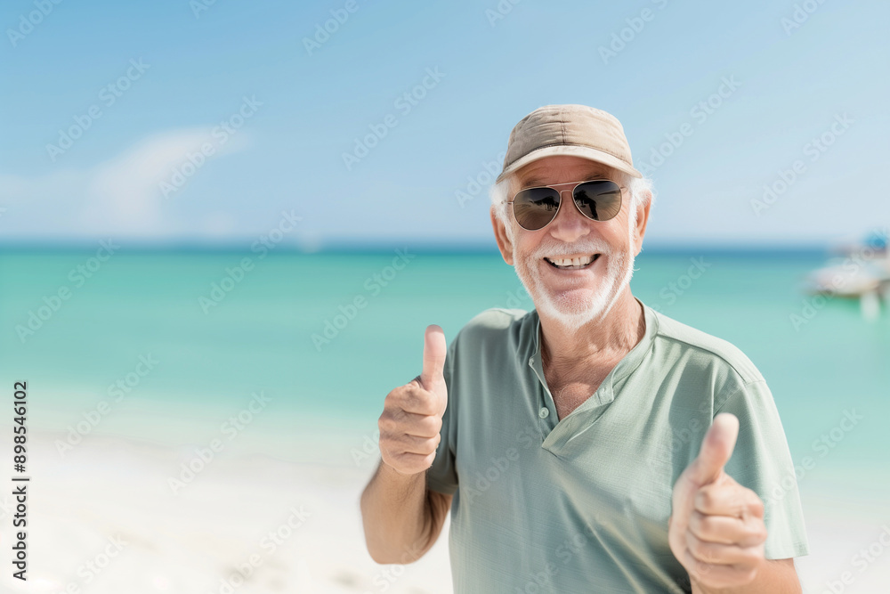 Portrait of happy smiling senior old elderly grandpa male pensioner man showing like or thumbs up hand gesture, wearing sunglasses, copy space, standing on ocean or sea sand beach. Portrait of happy smiling senior old elderly grandpa male pensioner man showing like or thumbs up hand gesture, wearing sunglasses, copy space, standing on ocean or sea sand beach.