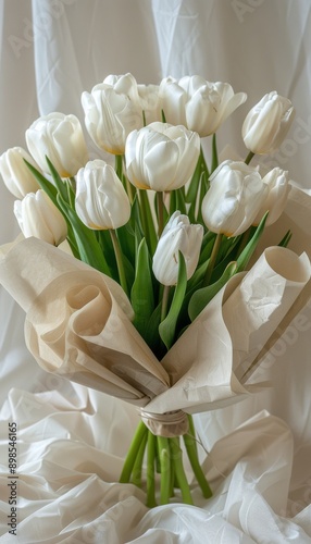 Bouquet of White Tulips Wrapped in White Paper
