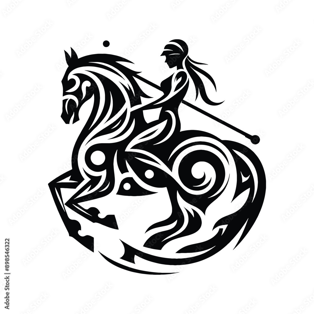 Equestrian, horse riding female player in ethnic tribal pattern illustration, emblem shield badge Equestrian, horse riding female player in ethnic tribal pattern illustration, emblem shield badge