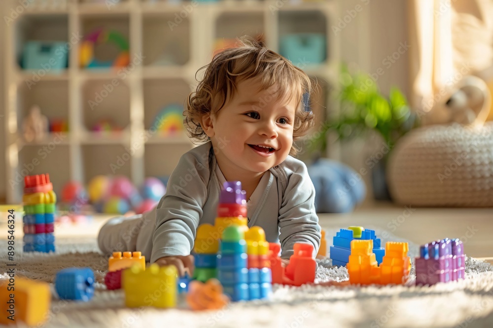Happy Child Playing with Vibrant Toys in Sunlit Playroom, Engaged and Joyful Close-up Moment Happy Child Playing with Vibrant Toys in Sunlit Playroom, Engaged and Joyful Close-up Moment