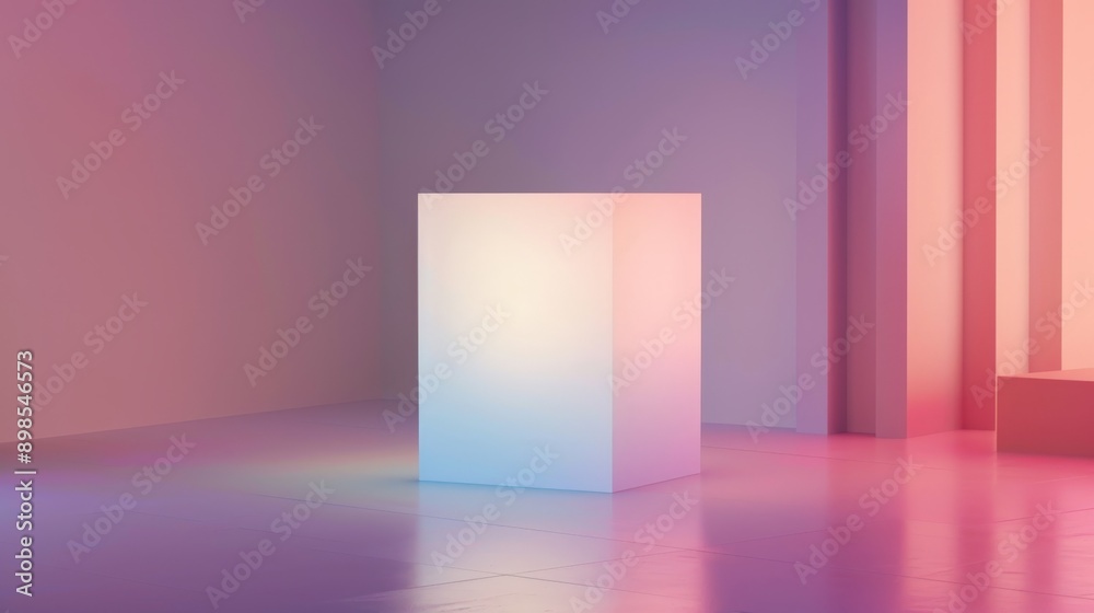Empty glowing cube standing in colorful studio space Empty glowing cube standing in colorful studio space