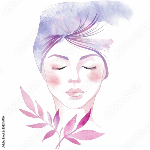 Girl with leaves. Logo for spa salon; watercolor illustration. Light pink and purple pastel color.