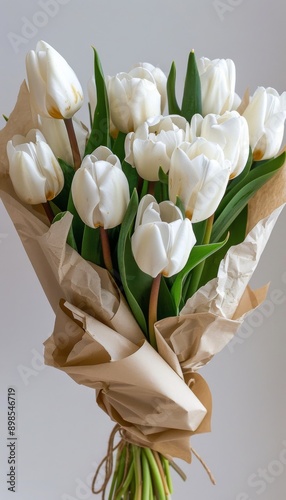 Bouquet of White Tulips Wrapped in White Paper