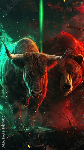 Neon duel Bull vs Bear symbolizing stock market trends with energy and intensity