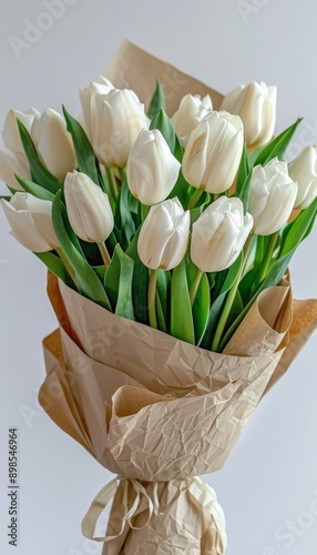 Bouquet of White Tulips Wrapped in White Paper