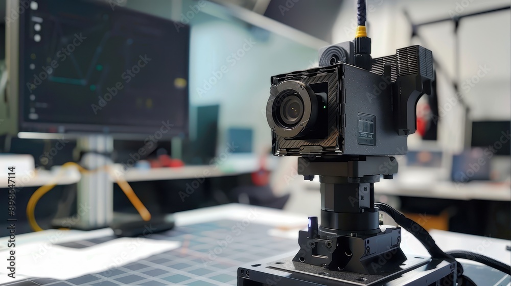 Fototapeta premium High-tech camera setup in a lab environment with computer screens in the background, focus on advanced technology and innovation.