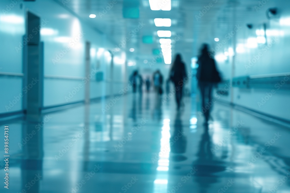 Blurred background of a hospital interior with blurred people walking in the hall, with a blue color tone, white lights and medical equipment on the wall Generative AI Blurred background of a hospital interior with blurred people walking in the hall, with a blue color tone, white lights and medical equipment on the wall Generative AI