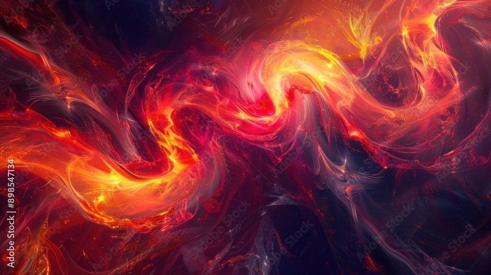 Fototapeta premium Abstract fiery energy swirls create a mesmerizing and dynamic visual of vibrant red and orange flames against a dark background.