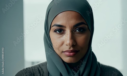 Portrait of a Saudi Arabian woman in her 30s in a minimalist or empty room background wearing a chic cardigan