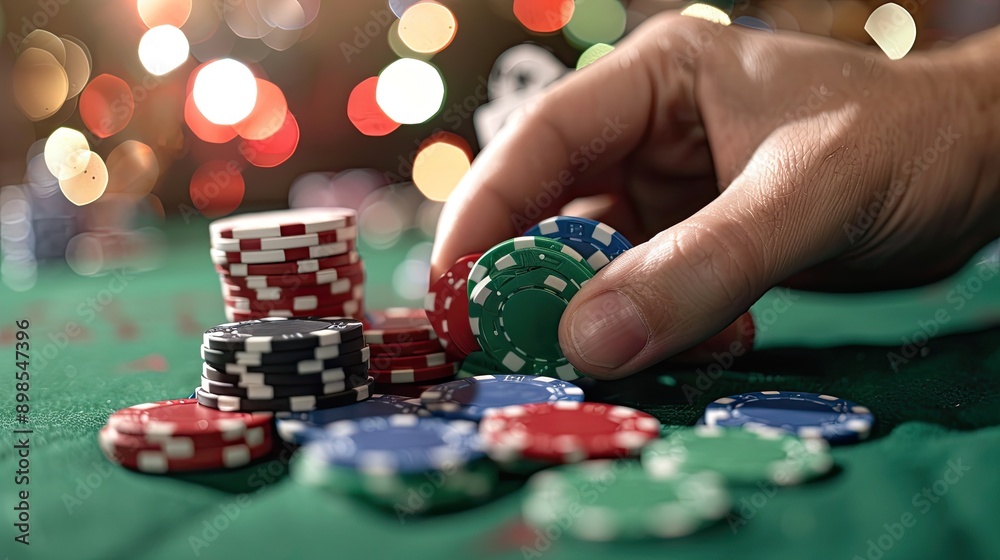 close up of a hand holding poker chips. Selective focus
