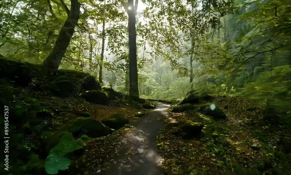 Sunlit Forest Path: A tranquil path winds through a lush forest, sunlight filtering through the canopy and illuminating the mossy rocks. 