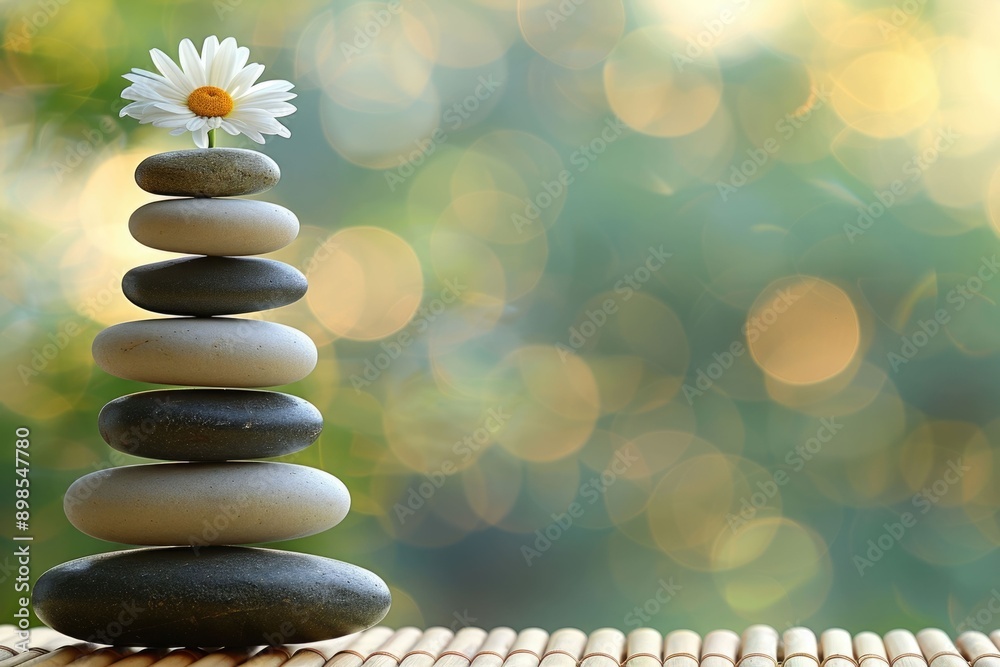 Obraz premium Zen arrangement of stones and bamboo on wood.