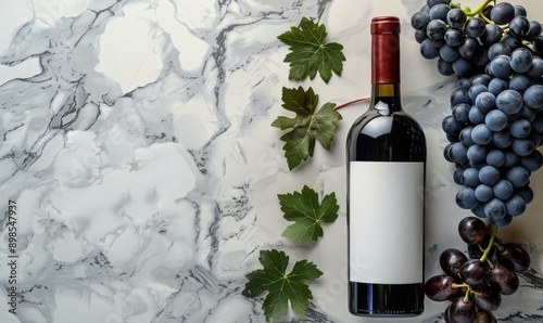 Bottle of Wine and Grapes on Marble Table