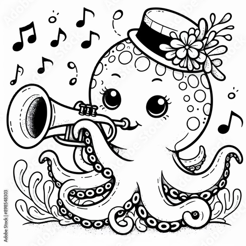 octopus in a hat plays a trumpet musical  coloring page