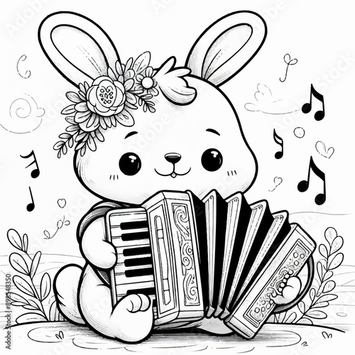 cute bunny playing the accordion musical  coloring page