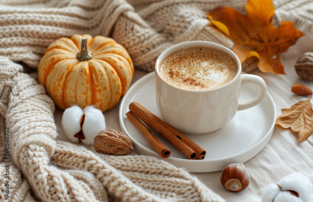 Cozy Autumn Morning With Coffee, Pumpkin, and Knit Blanket Cozy Autumn Morning With Coffee, Pumpkin, and Knit Blanket