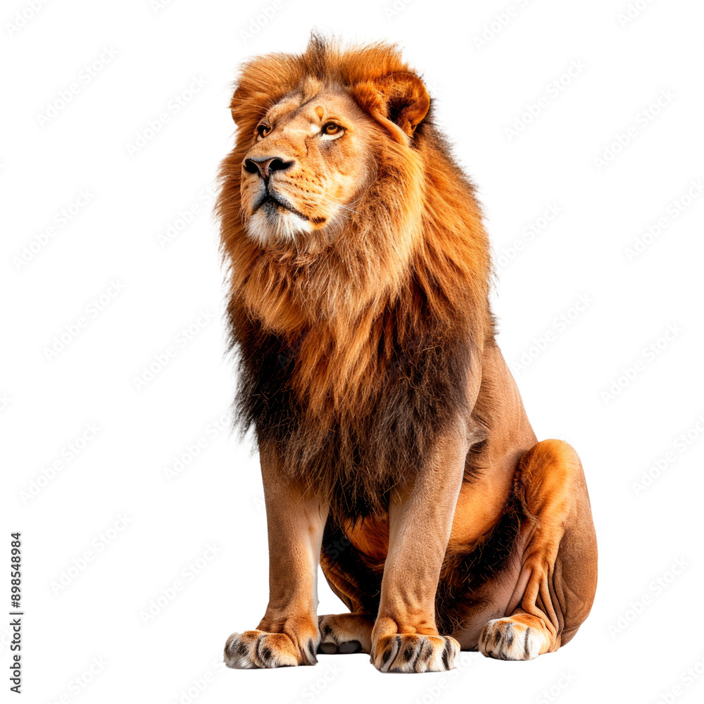 Obraz premium Lion sitting and looking away. PNG element isolated on transparent background.