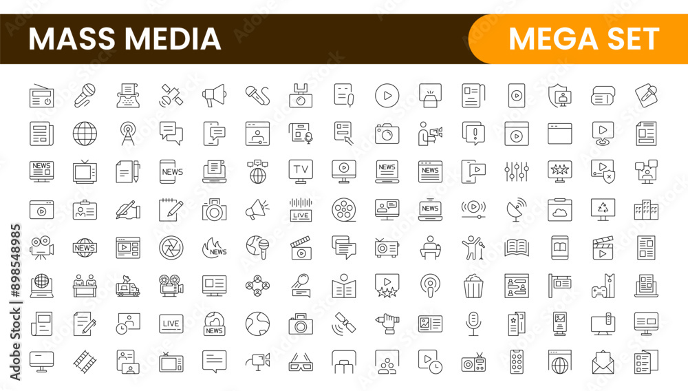 Mass media outline vector icons large set isolated on white background. media business concept. Media outline icons set.