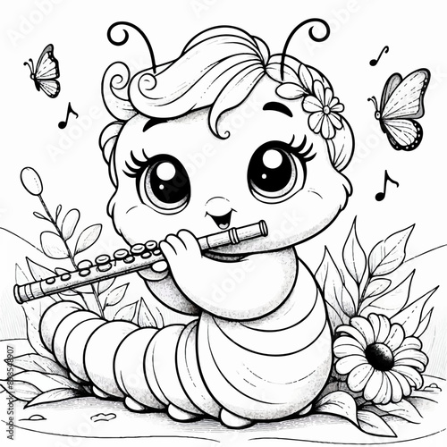 cute caterpillar plays the flute musical  coloring page