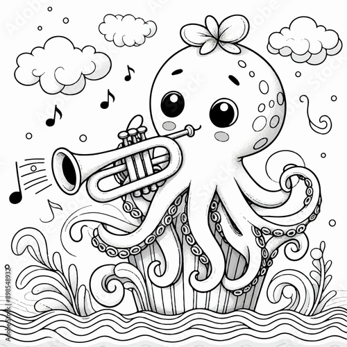 Octopus with ribbon playing trumpet musical coloring page