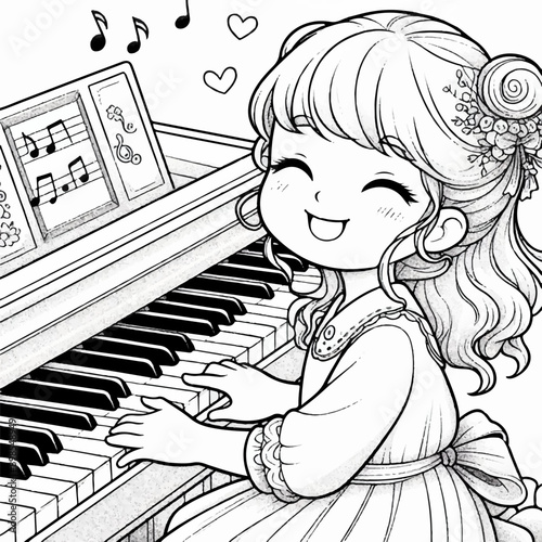 girl is happy and playing the piano musical kids coloring page