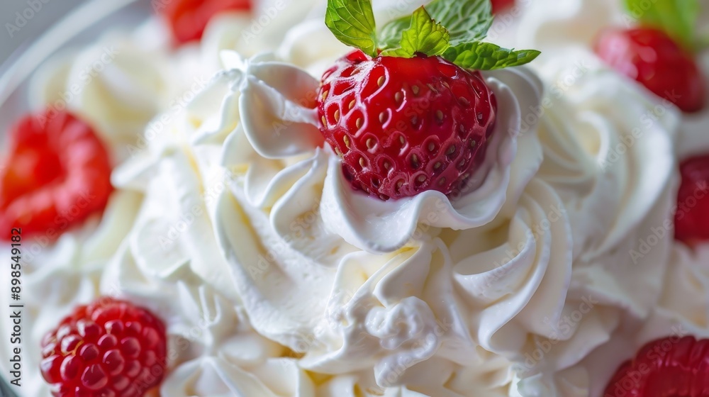 Whipped cream, a delicate and airy topping, is adorned with fresh, juicy strawberries. This image evokes a sense of sweet indulgence, freshness, and summery delight. Whipped cream, a delicate and airy topping, is adorned with fresh, juicy strawberries. This image evokes a sense of sweet indulgence, freshness, and summery delight.
