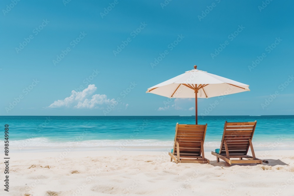 Wooden lounge chairs under white umbrella on white sand beach with turquoise sea Wooden lounge chairs under white umbrella on white sand beach with turquoise sea