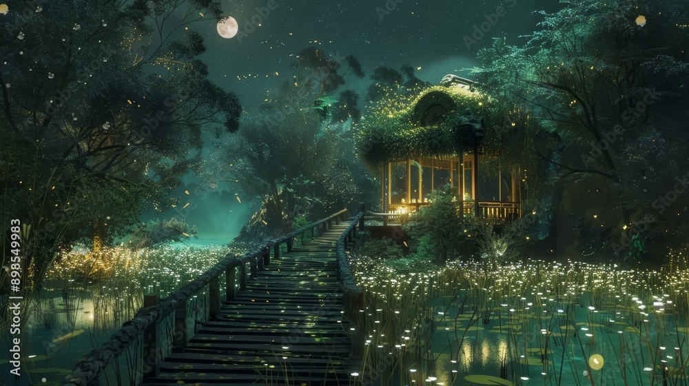 A magical forest scene with a moonlit sky, glowing lanterns illuminating a wooden pathway leading to a charming gazebo. The image evokes a sense of wonder, tranquility, and mystery, symbolizing nature A magical forest scene with a moonlit sky, glowing lanterns illuminating a wooden pathway leading to a charming gazebo. The image evokes a sense of wonder, tranquility, and mystery, symbolizing nature