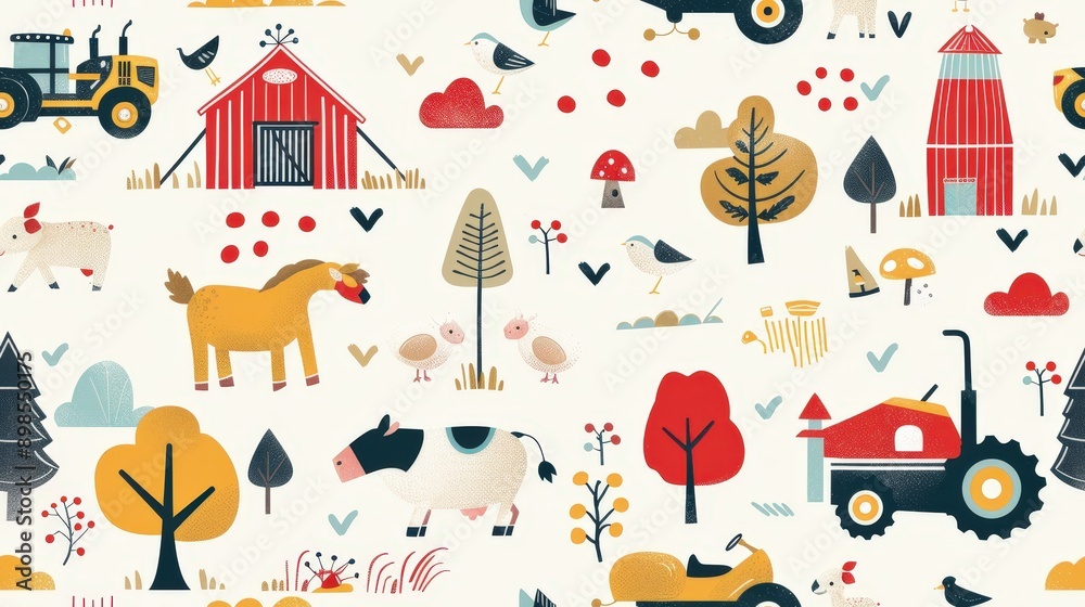 Naklejka premium This whimsical pattern features a variety of farm animals, including a horse, cow, pig, and chickens. Red barns, tractors, and trees complete the country scene
