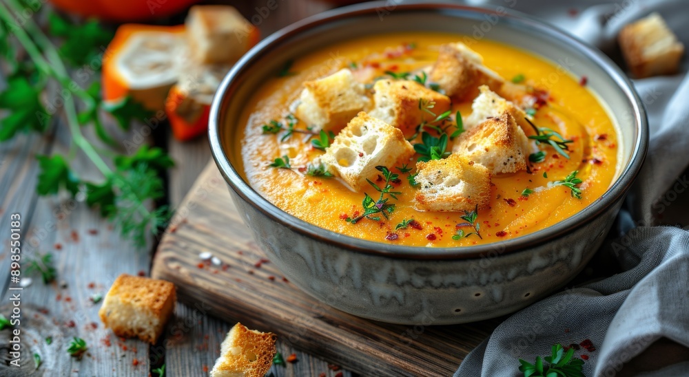 Bowl of Soup With Croutons and Parsley Bowl of Soup With Croutons and Parsley