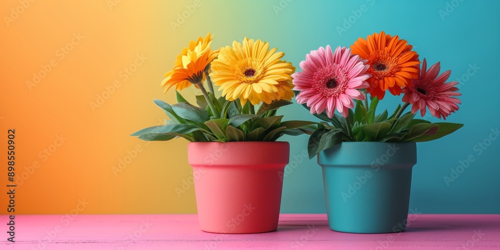 mini Gerbera flower pot with colorful background, summer or spring minimal background mini Gerbera flower pot with colorful background, summer or spring minimal background