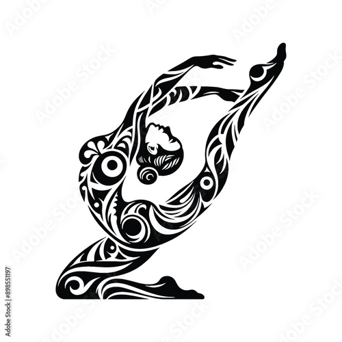 Gymnastics  female player in ethnic tribal pattern illustration, emblem shield badge