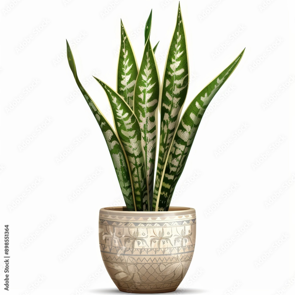 Hyper-Realistic Snake Plant in Decorative Pot - Detailed Textures on White Background Hyper-Realistic Snake Plant in Decorative Pot - Detailed Textures on White Background