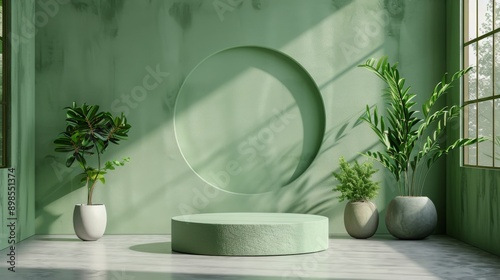 Green Walls Room With Round Table and Potted Plants
