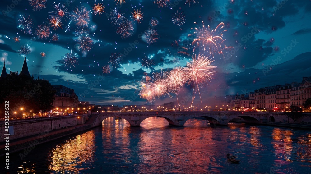 Fototapeta premium A stunning view of fireworks exploding over a bridge in Paris, France, with the city's lights reflecting in the water. The night sky is full of colorful bursts of light, symbolizing celebration, joy, 
