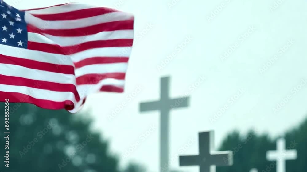 The american flag infront of white crosses in a cementary, floating in the wind.