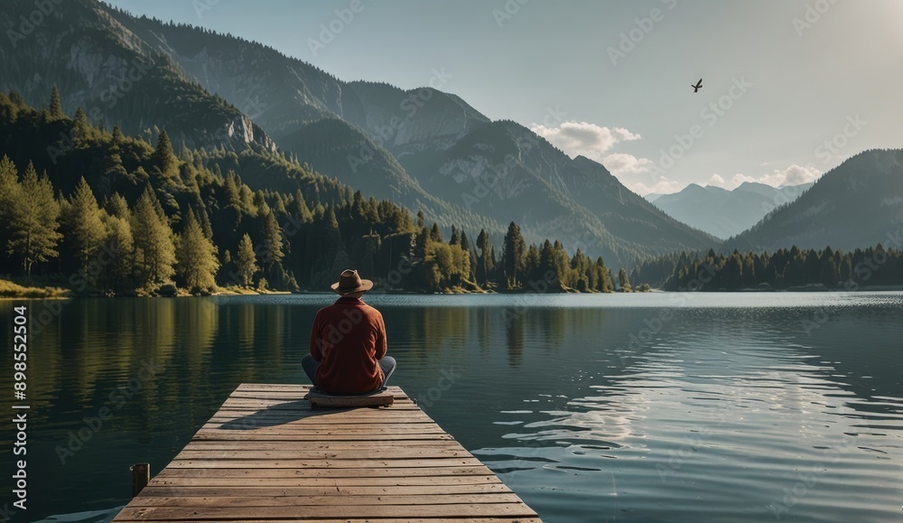 Serene Lake View with Mountains and a Person on Dock Serene Lake View with Mountains and a Person on Dock