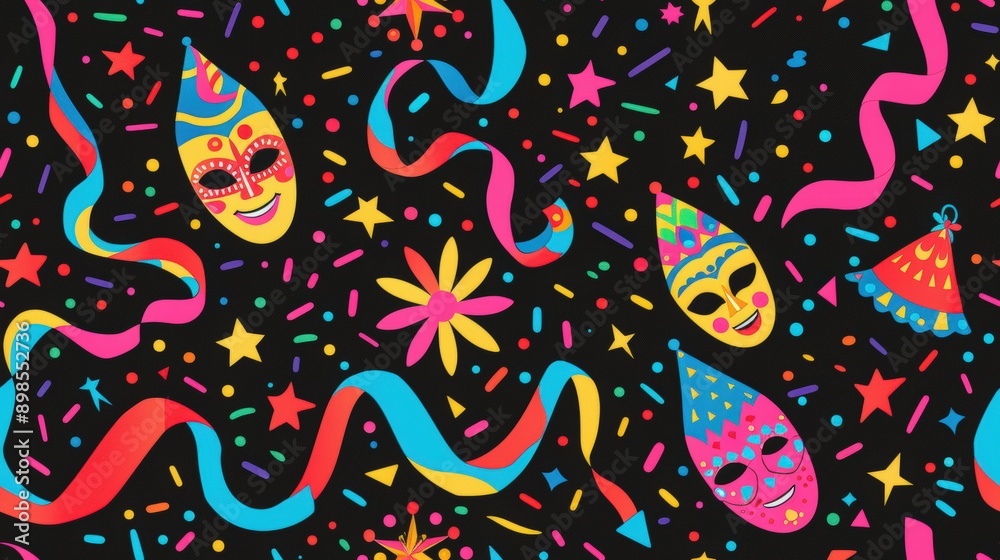 Naklejka premium A black background is filled with colorful confetti, stars, ribbons, and smiling masks