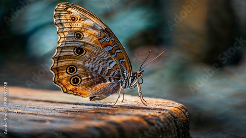 A macro photo of an exotic butterfly with long, beautiful wings in shades of brown and orange, resting on the edge of a wooden table. The focus is sharp to capture every detail from its delicate hair-