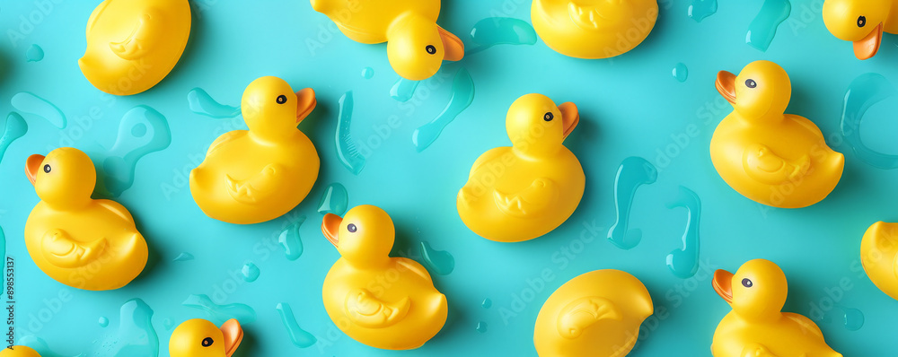 A vibrant background featuring yellow rubber ducks in a repeating pattern on a turquoise background, perfect for a fun and cheerful look. A vibrant background featuring yellow rubber ducks in a repeating pattern on a turquoise background, perfect for a fun and cheerful look.