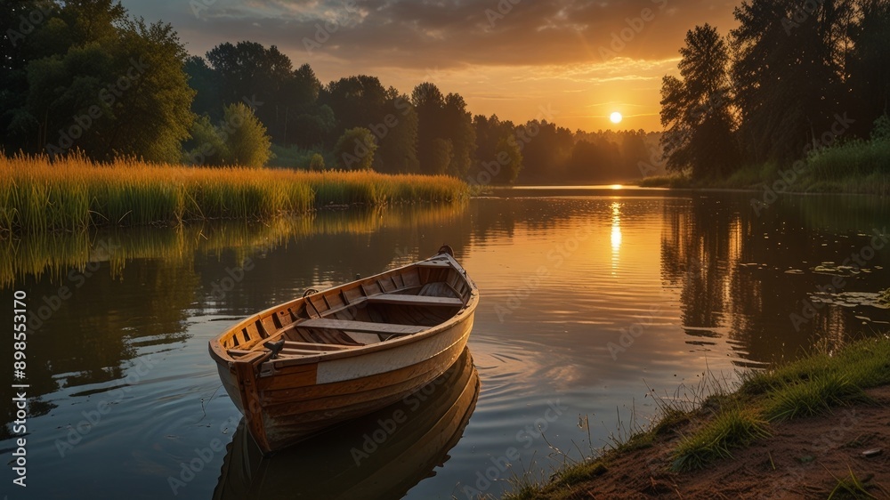 Obraz premium Serene Sunset Over a Calm River with Wooden Boat