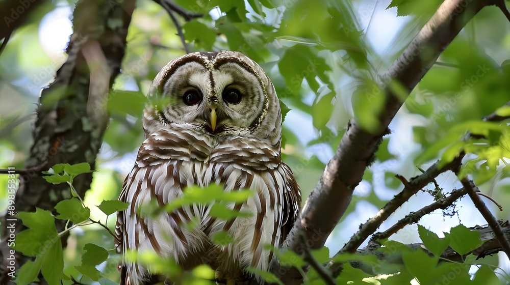 Barred Owl Perched in Lush Green Forest