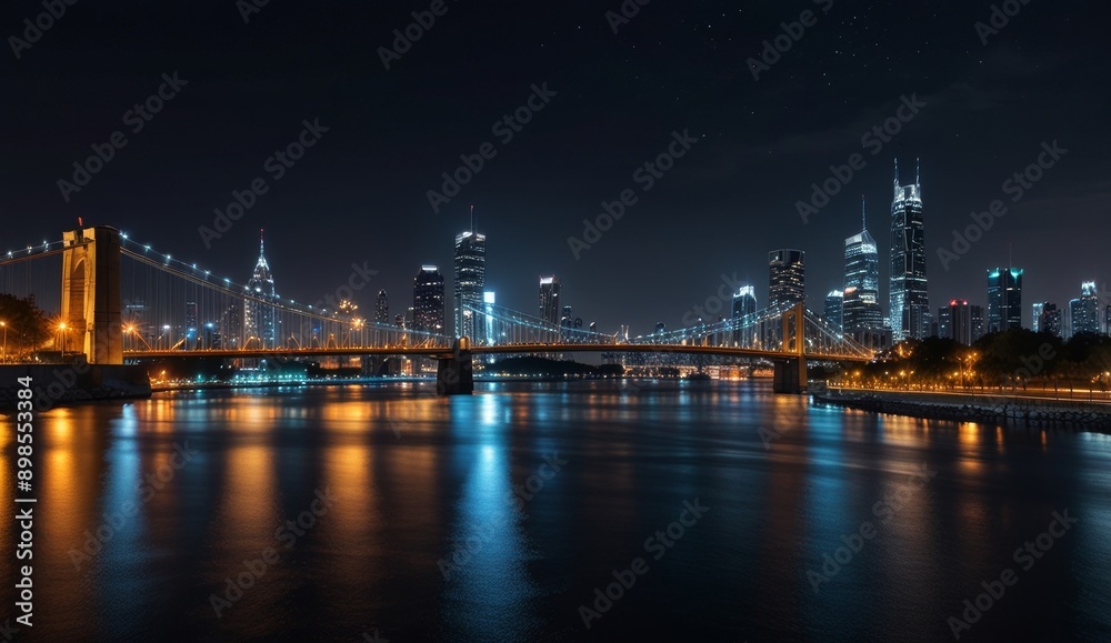 Stunning Night City Skyline with Bridge Reflection Stunning Night City Skyline with Bridge Reflection