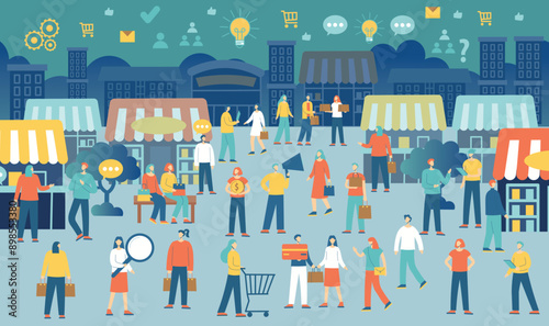 City market with people flat. Bustling marketplace. People browsing stalls overflowing with goods. Paths flow throughout the marketplace. People are buy. Drawn illustration in flat style.