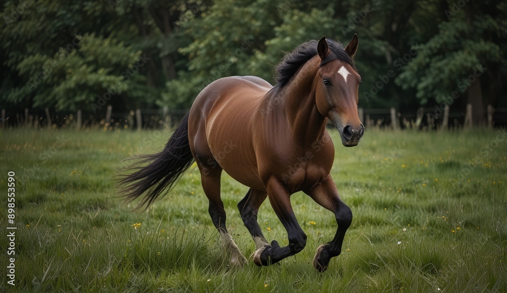 Galloping Brown Horse in a Green Field Galloping Brown Horse in a Green Field