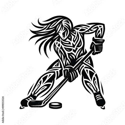 Hockey  female player in ethnic tribal pattern illustration, emblem shield badge photo